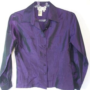 Silkland Vintage Dark Purple Silk Blend Long Sleeve Button Up Blouse, Small